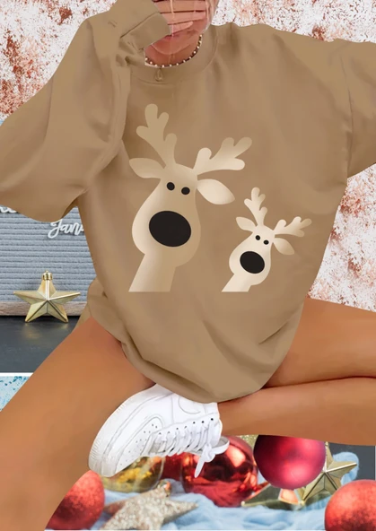 Kadın Uzun Kollu Bisiklet Yaka Geyik Desenli Viskon Iki Iplik Bluz - Resim 3