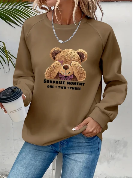 Kadın Uzun Kollu Bisiklet Yaka Ayıcık Desenli Viskon Iki Iplik Bluz ürün görseli