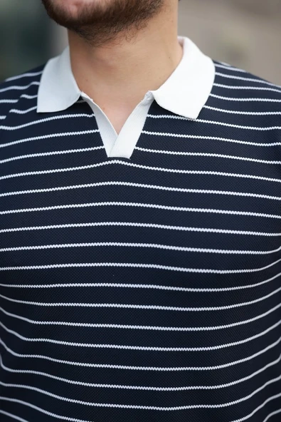 Erkek Kısa Kollu çizgi Desenli örme Kumaş Tshirt - Resim 3