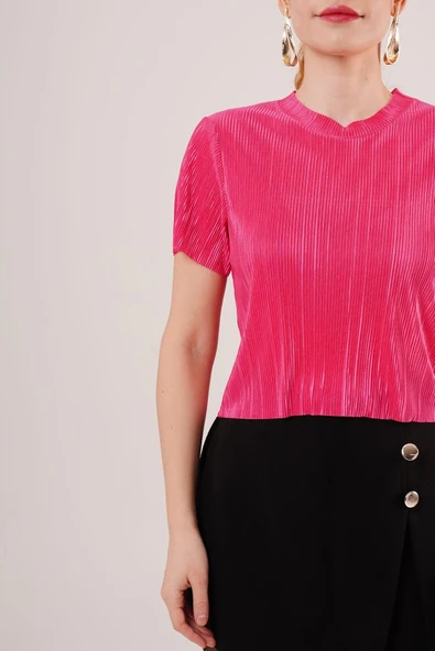 Fitilli Kısa Kollu Parlak Fuşya Bluz - Resim 3