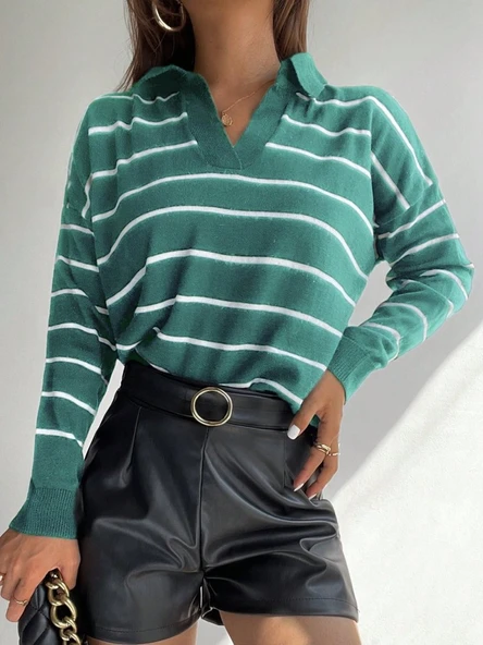 Kadın Uzun Kollu V Yaka çizgili Triko Bluz ürün görseli