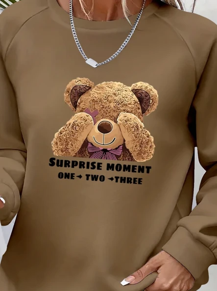 Kadın Uzun Kollu Bisiklet Yaka Ayıcık Desenli Viskon Iki Iplik Bluz - Resim 2