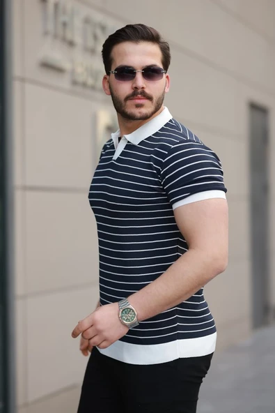 Erkek Kısa Kollu çizgi Desenli örme Kumaş Tshirt ürün görseli