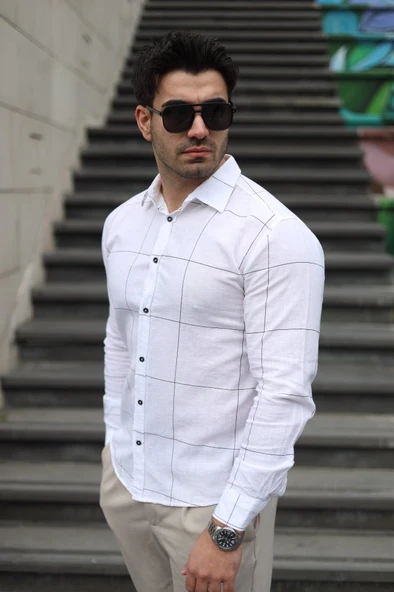 Erkek Pamuklu Keten Kumaş Gömlek - Resim 5