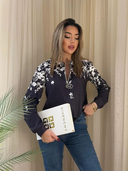 Kadın Uzun Kollu önden Fermuarlı çiçek Desenli şardonlu Dalgıç Bluz - Resim 5