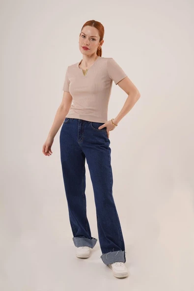 Kısa Kollu Yaka Detaylı Kaşkorse Taş Bluz - Resim 3