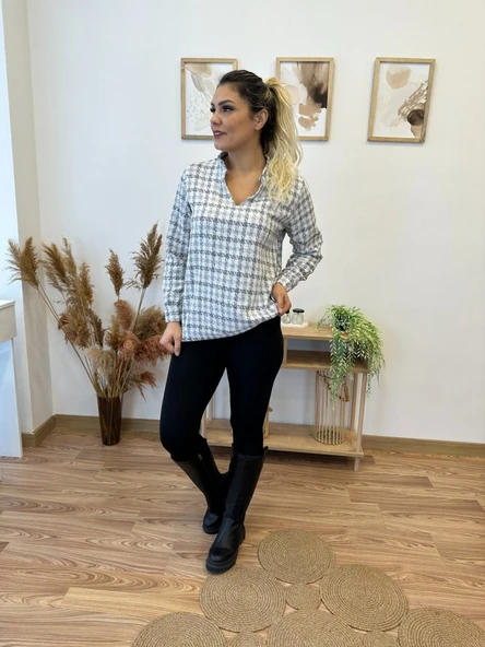 Kadın Uzun Kollu V Hakim Yaka çok Renkli Dokuma Bluz - Resim 3