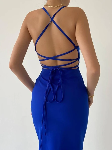 Kaitlyn Sırt Dekolteli V Yaka Yırtmaçlı Elbise - Resim 5