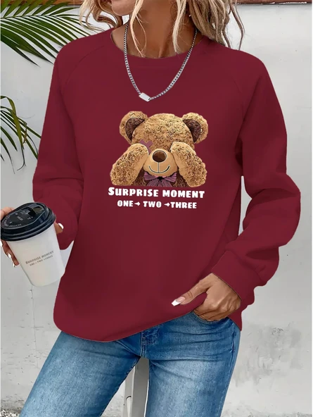 Kadın Uzun Kollu Bisiklet Yaka Ayıcık Desenli Viskon Iki Iplik Bluz ürün görseli