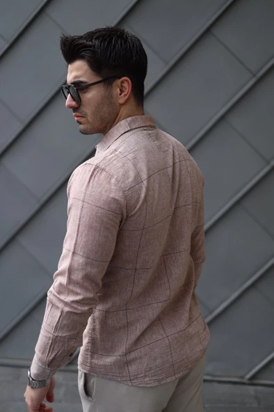 Erkek Pamuklu Keten Kumaş Gömlek - Resim 3