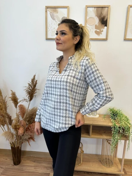 Kadın Uzun Kollu V Hakim Yaka çok Renkli Dokuma Bluz ürün görseli