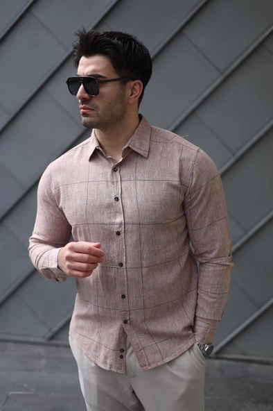 Erkek Pamuklu Keten Kumaş Gömlek - Resim 5