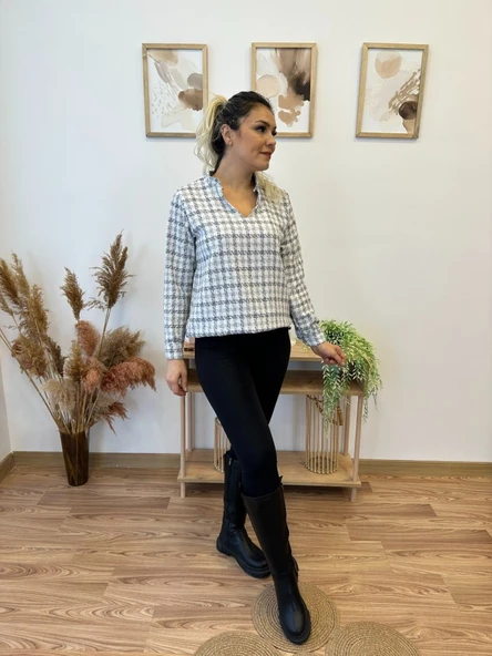 Kadın Uzun Kollu V Hakim Yaka çok Renkli Dokuma Bluz - Resim 4