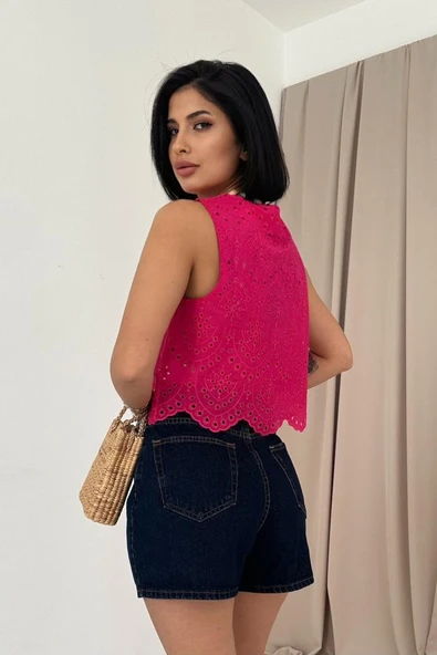 Fuşya Sıfır Kol Brode Bluz - Resim 3