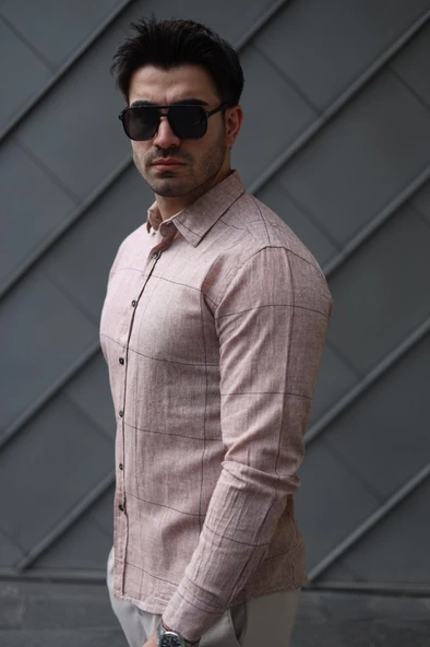 Erkek Pamuklu Keten Kumaş Gömlek - Resim 4