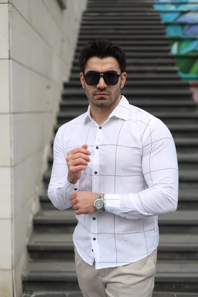 Erkek Pamuklu Keten Kumaş Gömlek - Resim 3