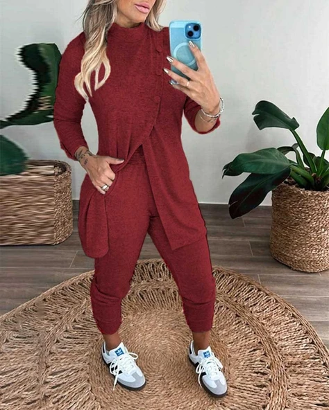 Kadın Uzun Kollu Balıkçı Yaka önden Düğmeli Bluz Ve Pantolon Yumoş Ikili Takım - Resim 2