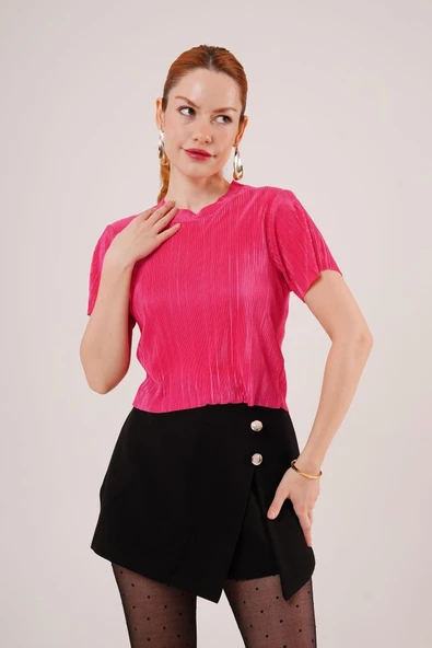 Fitilli Kısa Kollu Parlak Fuşya Bluz - Resim 4