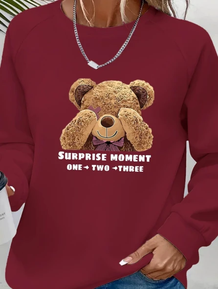 Kadın Uzun Kollu Bisiklet Yaka Ayıcık Desenli Viskon Iki Iplik Bluz - Resim 2