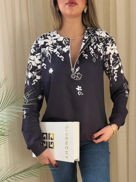 Kadın Uzun Kollu önden Fermuarlı çiçek Desenli şardonlu Dalgıç Bluz ürün görseli
