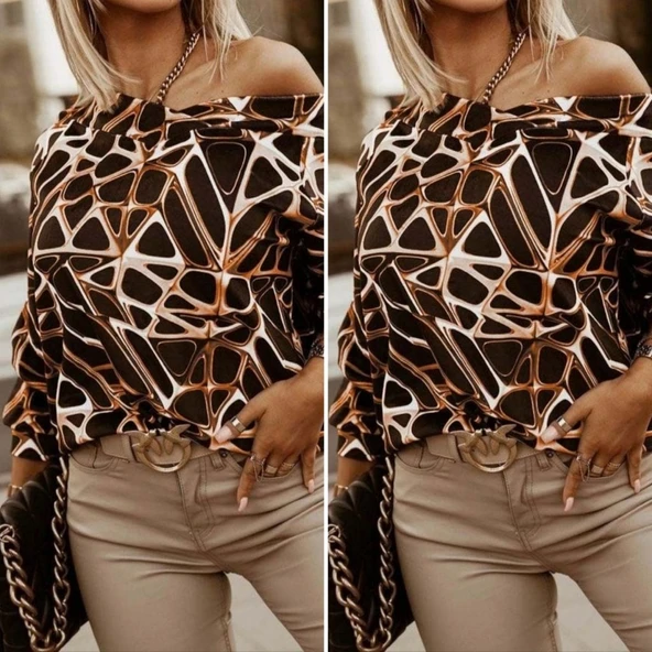 Kadın Uzun Kollu V Yaka Düşük Omuz Geometrik Desen şardonlu Dalgıç Bluz - Resim 3