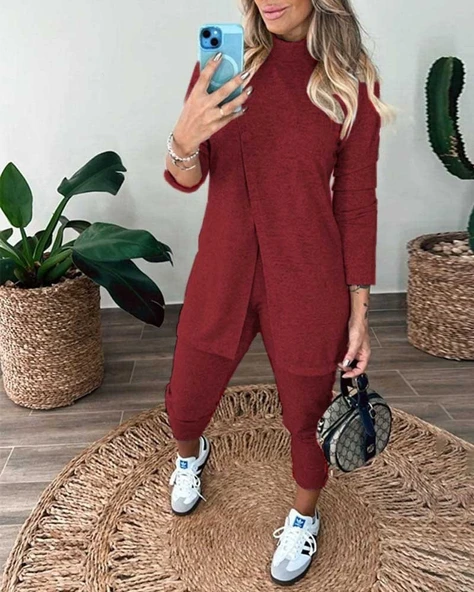 Kadın Uzun Kollu Balıkçı Yaka önden Düğmeli Bluz Ve Pantolon Yumoş Ikili Takım - Resim 3