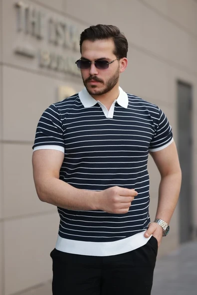 Erkek Kısa Kollu çizgi Desenli örme Kumaş Tshirt - Resim 2