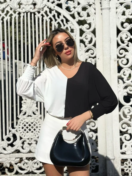 Kadın Uzun Kollu V Yaka Kol Ağzı Gipeli Sandy Bluz - Resim 3