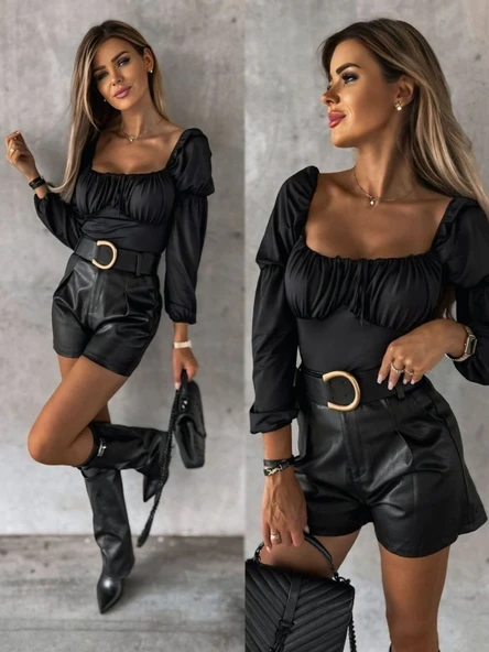 Kadın Uzun Kollu Kare Yaka Göğüs Büzgü Detay Sandy Bluz - Resim 7