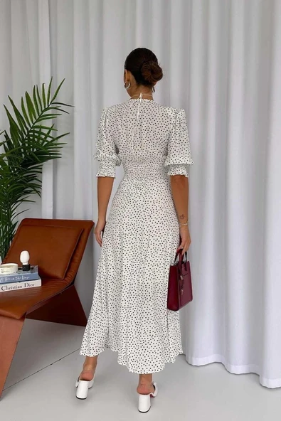 Beyaz Arka Ve Bel Ucu Gipeli Elbise - Resim 3