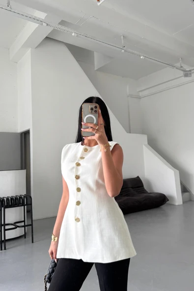 KETEN YELEK BELDEN OTURTMALISIRALI DÜĞME DETAYLI - Beyaz - Resim 3