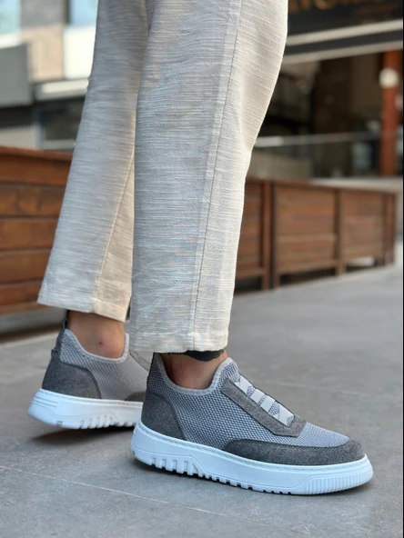 ET0911 Özel Örme Triko Deri Tozu Detaylı Gri Günlük Spor Ayakkabı - Resim 2