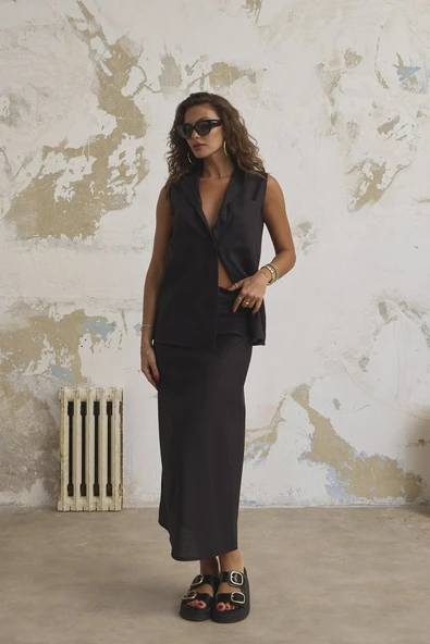 Keten Haki̇m Yaka Kolsuz Gömlek Etek Takim - Resim 4