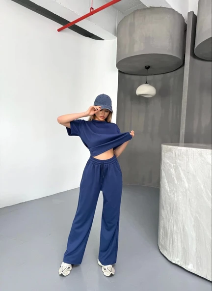 Osy Modal Yumuşak Dokulu Kumaş Kısa Kollu Bluz Rahat Pantalon Ikili Takım- Lacivert - Resim 3