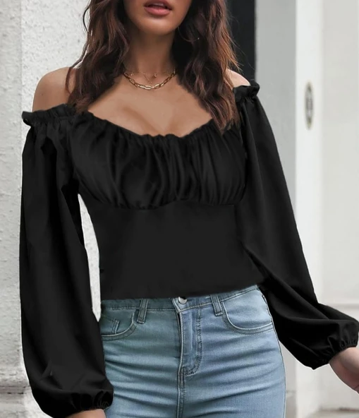 Kadın Uzun Kollu Kare Yaka Göğüs Büzgü Detay Sandy Bluz - Resim 3