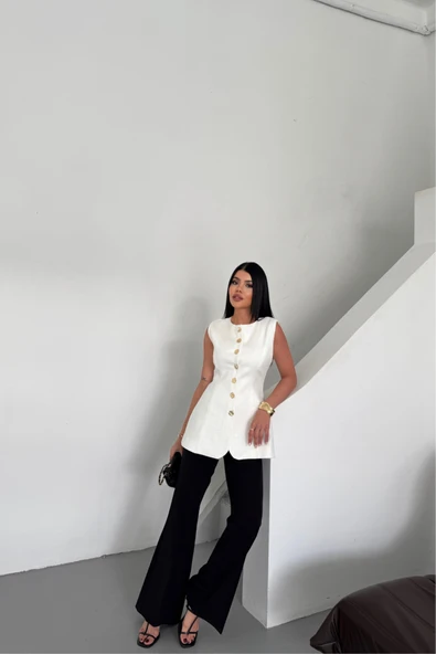 KETEN YELEK BELDEN OTURTMALISIRALI DÜĞME DETAYLI - Beyaz ürün görseli 1