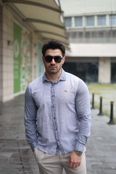 Erkek Pamuklu Keten Kumaş Gömlek - Resim 5