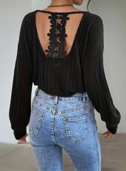 Kadın Uzun Kollu V Yakalı Pencere Sırt Dantel Detaylı Kalın Fitilli Kaşkorse Bluz ürün görseli
