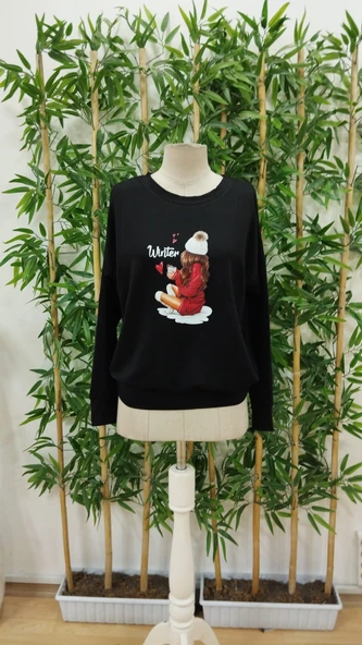 Kadın Yılbaşı Özel Uzun Kollu Bisiklet Yaka Desenli Viskon Iki Iplik Bluz - Resim 4