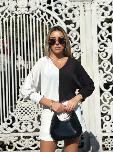 Kadın Uzun Kollu V Yaka Kol Ağzı Gipeli Sandy Bluz - Resim 7