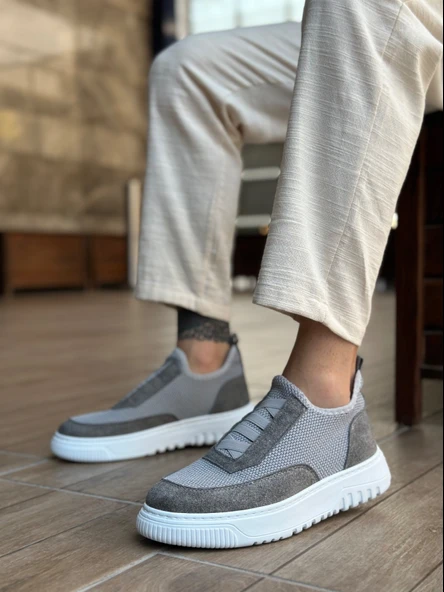 ET0911 Özel Örme Triko Deri Tozu Detaylı Gri Günlük Spor Ayakkabı - Resim 3