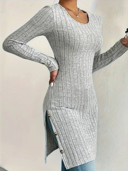 Kadın Uzun Kollu Yuvarlak Yaka Yandan Yırtmaçlı Düğmeli şardonlu Kaşkorse Bluz - Resim 5