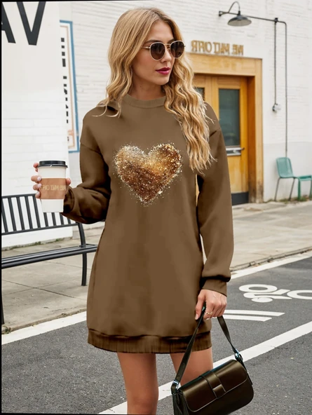 Kadın Uzun Kollu Bisiklet Yaka Kalp Desenli Viskon Iki Iplik Bluz - Resim 3