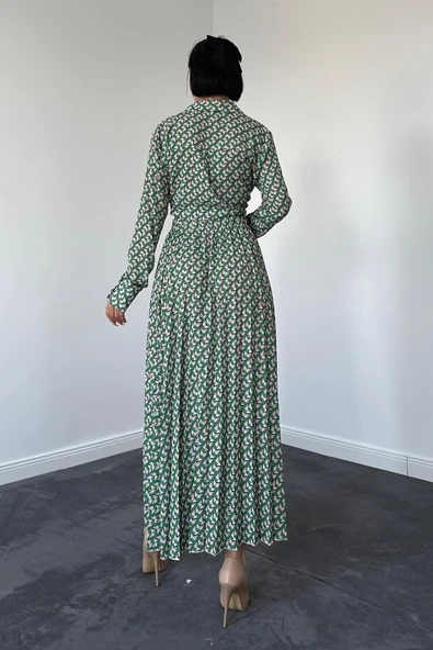 Desenli Viskon Gömlek Ve Etek Takım - Yeşil - 3