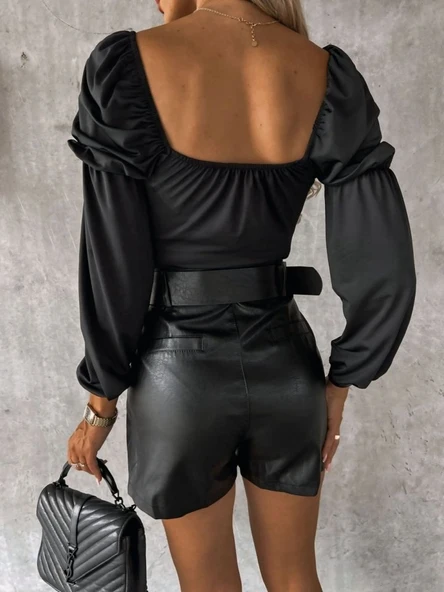 Kadın Uzun Kollu Kare Yaka Göğüs Büzgü Detay Sandy Bluz - Resim 8