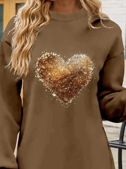 Kadın Uzun Kollu Bisiklet Yaka Kalp Desenli Viskon Iki Iplik Bluz - Resim 2