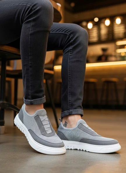 ET0911 Özel Örme Triko Deri Tozu Detaylı Gri Günlük Spor Ayakkabı - Resim 4