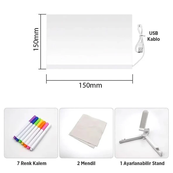 Sunup SN-27126 Dekoratif LED Aydınlatmalı Şeffaf Işıltılı Yazı - Çizim Panosu Tableti - 7 Renk Kalemli Set - 5