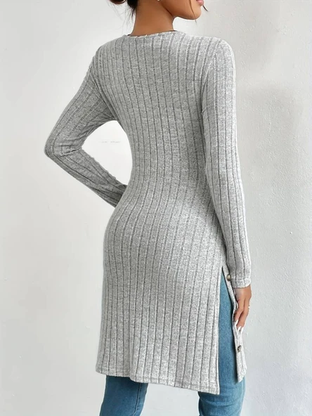 Kadın Uzun Kollu Yuvarlak Yaka Yandan Yırtmaçlı Düğmeli şardonlu Kaşkorse Bluz - Resim 6