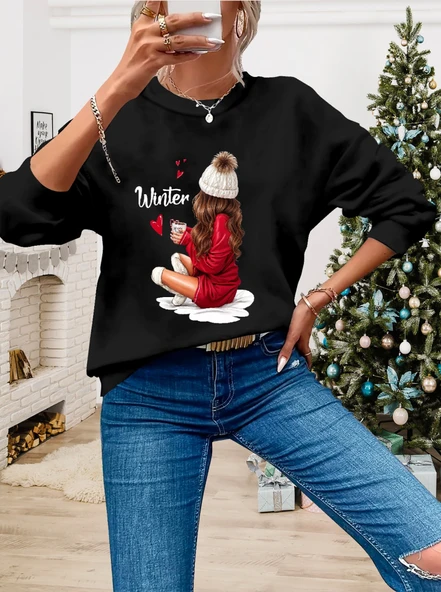 Kadın Yılbaşı Özel Uzun Kollu Bisiklet Yaka Desenli Viskon Iki Iplik Bluz - Resim 3